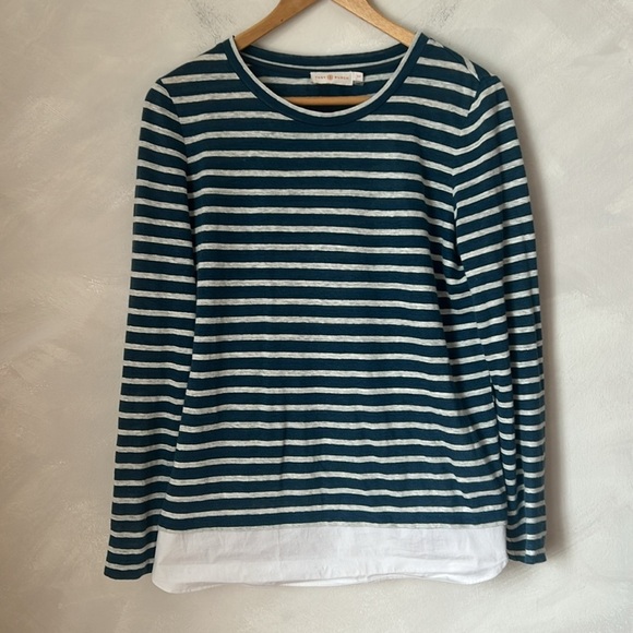 Tory Burch linen jersey pullover blue peninsula striped mixed fabric sz small - Picture 2 of 9